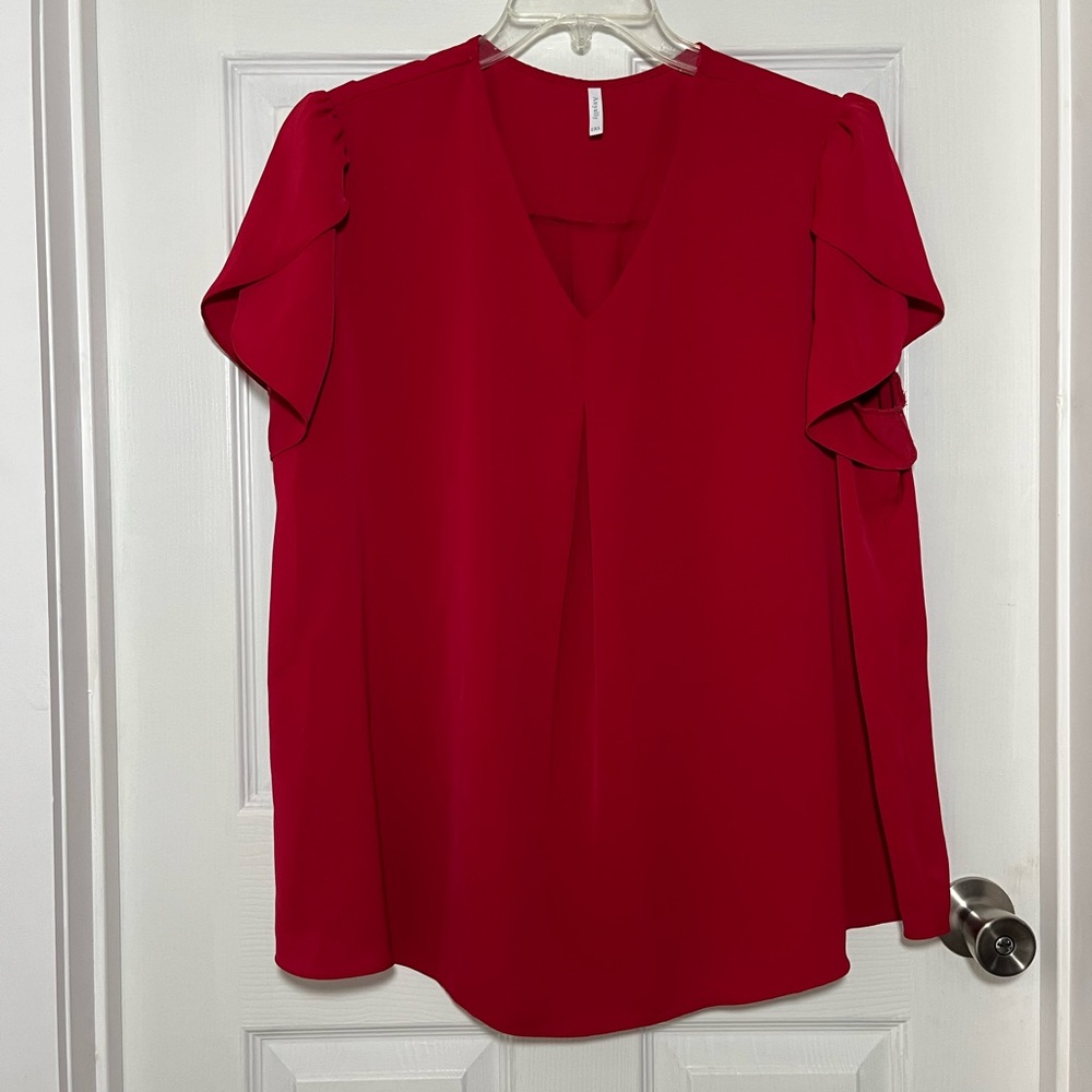 Anyally Red V-Neck Plus Blouse with Petal Sleeves